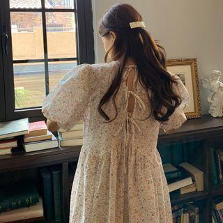 Puff-sleeve Floral Print Midi A-line Dress Floral - Beige - One Size
