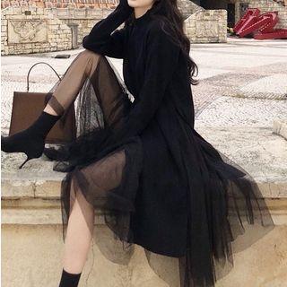 Mock Neck Slit-front Sweater / Midi A-line Mesh Skirt