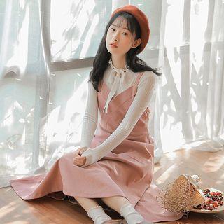Set: Long-sleeve Mock Neck Knit Top + Sleeveless Midi A-line Corduroy Dress