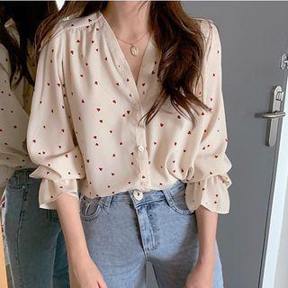 Long-sleeve Ruffle Trim Heart Print Pattern Chiffon Shirt