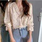 Long-sleeve Ruffle Trim Heart Print Pattern Chiffon Shirt