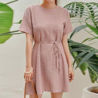 Short-sleeve Plain Elastic-waist Dress