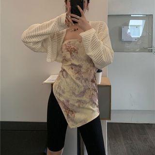 Strapless Floral Print Tube Top / Pointelle Knit Crop Cardigan