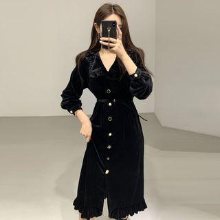 Puff-sleeve Peter Pan Collar Ruffled Velvet Dress Black - One Size