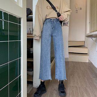Cropped Distressed Washed Straight-fit Jeans