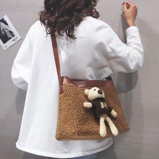 Bear Accent Fleece Panel Crossbody Bag