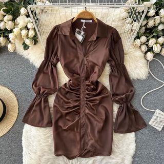 Shirred Mini Bodycon Shirt Dress