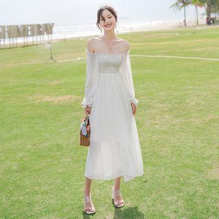 Long-sleeve Off-shoulder Midi A-line Chiffon Dress