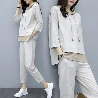 Set: 3/4 Sleeve Two Tone Hoodie + Cropped Pants
