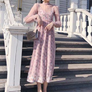 Set: Long-sleeve Mesh Top + Spaghetti Strap Dress
