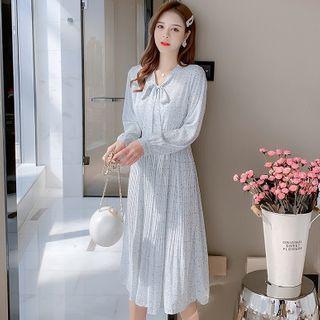 Long-sleeve V-neck Floral Panel Bow Chiffon Dress