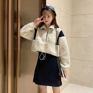 Set: Faux Shearling Sweatshirt + Spaghetti Strap Mini A-line Dress