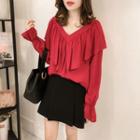 V-neck Ruffle-trim Long-sleeve Top