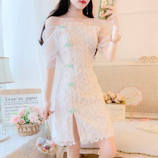 Elbow-sleeve Slit Mini A-line Lace Dress