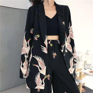 Crane Print Open Front Blazer / High-waist Wide-leg Pants