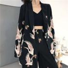 Crane Print Open Front Blazer / High-waist Wide-leg Pants