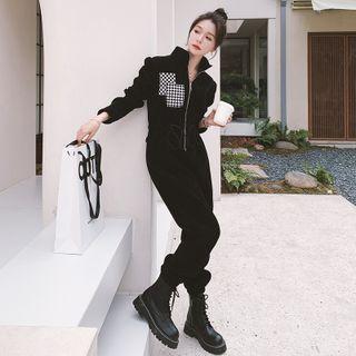 Gingham Panel Long-sleeve Zip-up Jumpsuit
