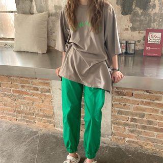 Cartoon Print Short-sleeve T-shirt / Cuffed Pants