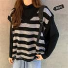 Plain Long-sleeve T-shirt / Letter Embroidered Striped Knit Vest