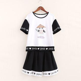 Set: Panda Print Short Sleeve T-shirt + Lettering A-line Skirt