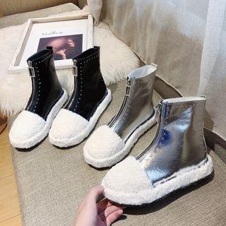 Zip Detail Faux Shearling Short Boots