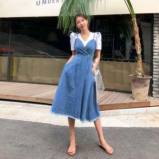 Spaghetti-strap Denim Midi Flare Dress