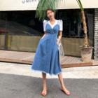 Spaghetti-strap Denim Midi Flare Dress