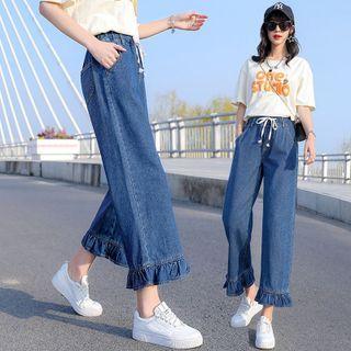 High-waist Drawstring Ruffle Trim Straight Leg Jeans