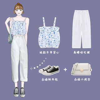 Spaghetti Strap Printed Top / Metal-accent Straight-fit Pants