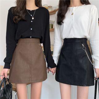 Faux Leather Chained A-line Skirt