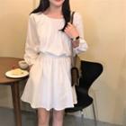 Long-sleeve Mock Two-piece Plain Mini Dress White - One Size