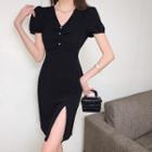 Puff-sleeve Shirred Slit Bodycon Dress