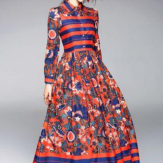 Long-sleeve Striped Panel Maxi Dress