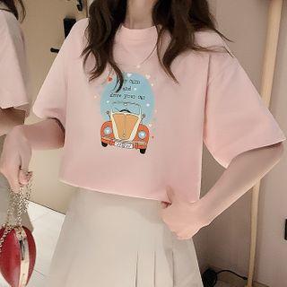 Short-sleeve Car Print T-shirt Light Pink - One Size