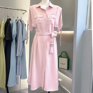 Short-sleeve Sashed Button-up Dress