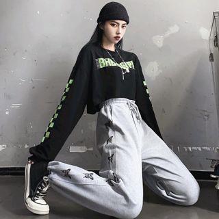 Long Sleeve Print Cropped T-shirt / Butterfly Print Sweatpants