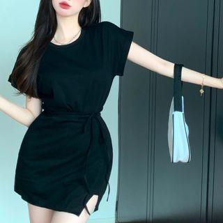 Short-sleeve Plain T-shirt Dress Black - One Size