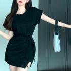 Short-sleeve Plain T-shirt Dress Black - One Size