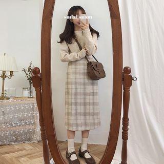 Plain Sweater / Plaid Midi Straight-fit Skirt / Set