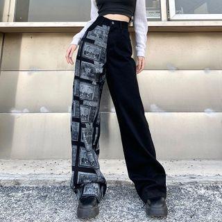 High Waist Print Panel Wide Leg Jeans