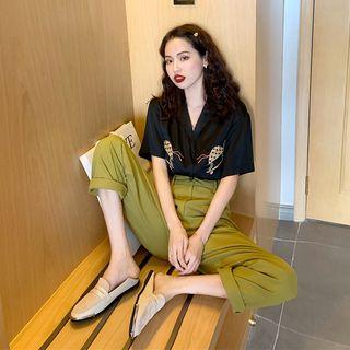 Short-sleeve Embroidered Shirt / Wide-leg Pants