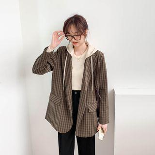 Plaid Color-block Hooded Button-up Blazer