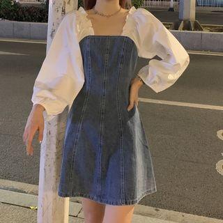 Denim Panel Balloon-sleeve Mini A-line Dress