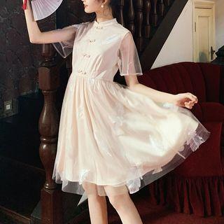 Short-sleeve Feather Embroidered A-line Mesh Dress