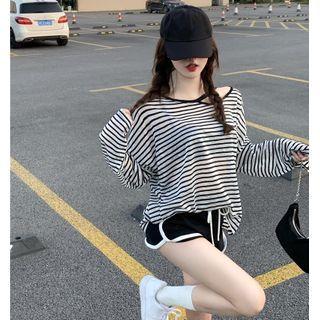 Cutout-shoulder Striped Light T-shirt / High-waist Shorts