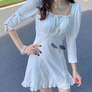 Elbow-sleeve Square-neck Plain Ruffle Trim Dress