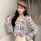 Bell-sleeve Ruffled Plaid Blouse Plaid - Blue - One Size
