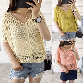V-neck Short-sleeve Open-knit Sweater