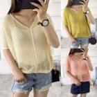 V-neck Short-sleeve Open-knit Sweater