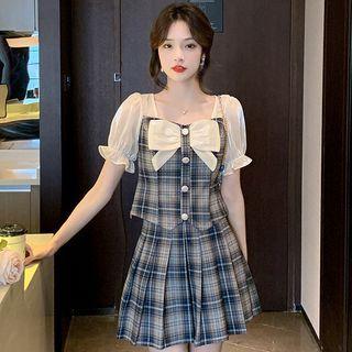 Set: Bow Plaid Blouse + Mini A-line Skirt